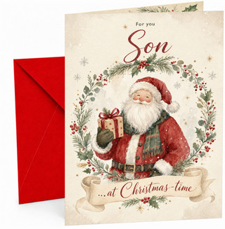 Son Christmas Card with Santa Holding Gift and Holly Wreath