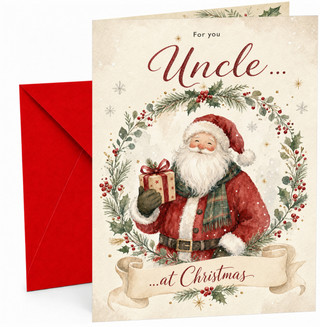 Uncle Christmas Card Watercolour Santa with Gift Wreath