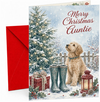 Auntie Christmas Card, Snowy Dog and Wellies by Tree