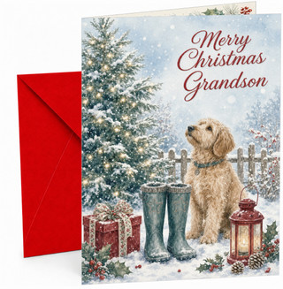 Grandson Christmas Card, Dog by Tree with Wellies & Lantern