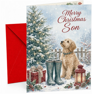 Son Christmas Card with Dog, Boots and Lantern in Snow