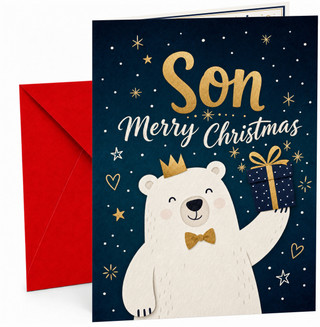 Son Christmas Card with Polar Bear Crown and Present