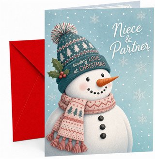 Niece & Partner Christmas Card Snowman in Bobble Hat