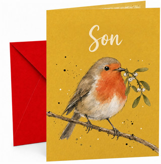 Son Christmas Card with Robin and Mistletoe Illustration