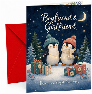 Boyfriend & Girlfriend Christmas Card Cute Penguins & Lights