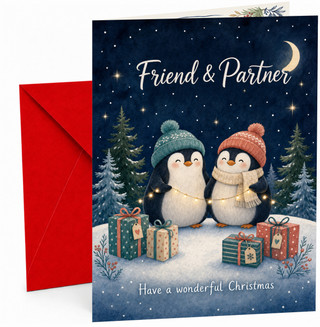 Friend & Partner Christmas Card, Penguins with Fairy Lights