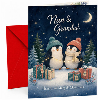 Nan & Grandad Christmas Card, Penguins with Fairy Lights