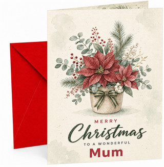Mum Christmas Card Poinsettia Flower Pot Illustration