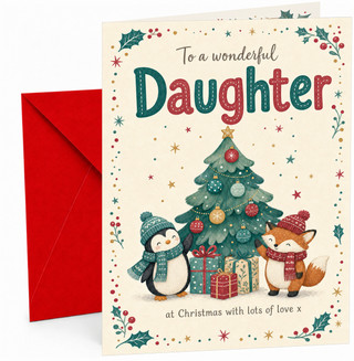 Daughter Christmas Card with Penguin Fox and Tree