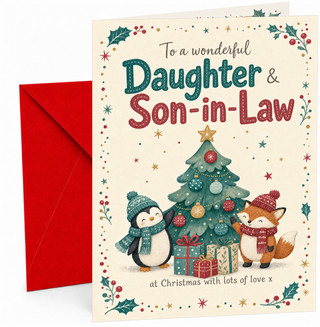 Daughter & Son-in-Law Christmas Card Penguin Fox Tree