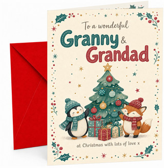 Granny & Grandad Christmas Card Penguin & Fox by Tree