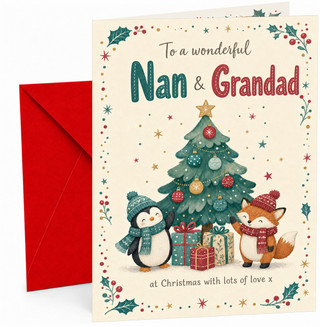 Nan & Grandad Christmas Card, Penguin & Fox by Tree