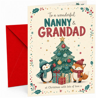 Nanny & Grandad Christmas Card, Penguin & Fox by Tree