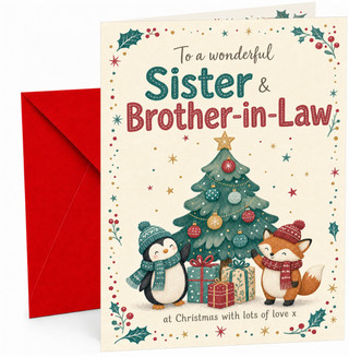 Sister & Brother-in-Law Christmas Card Penguin Fox Tree