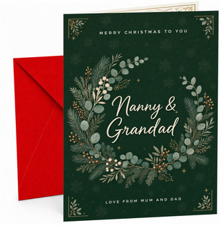 Nanny & Grandad Christmas Card, Green Foliage Wreath