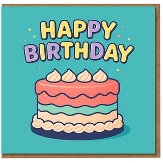 Happy Birthday Card - Colourful Layer Cake with Icing Swirls, Confetti Dots and Bold Pastel Lettering