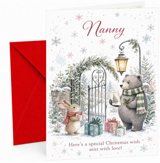 Nanny Christmas Card with Bear, Rabbit and Gifts