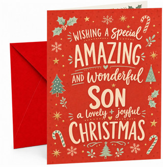 Son Christmas Card, Red Candy Cane and Holly Typography