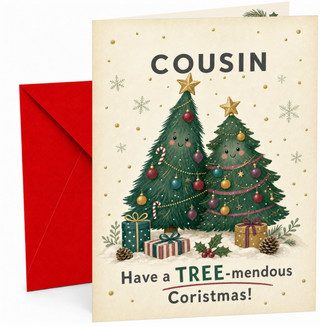 Cousin Christmas Card, Tree-mendous Cute Trees and Presents