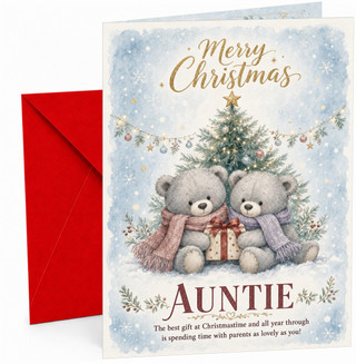 Auntie Christmas Card, Teddy Bears with Tree and Gift
