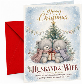 Husband & Wife Christmas Card Cute Teddy Bears by Tree