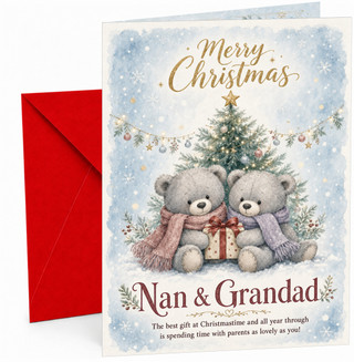 Nan & Grandad Christmas Card, Cute Teddy Bears by Tree