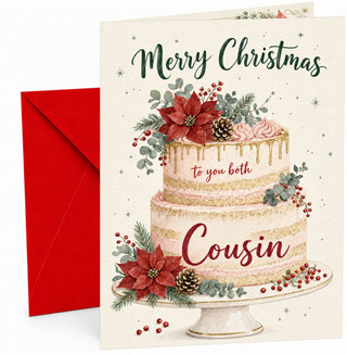 Cousin Christmas Card, Festive Cake with Poinsettias