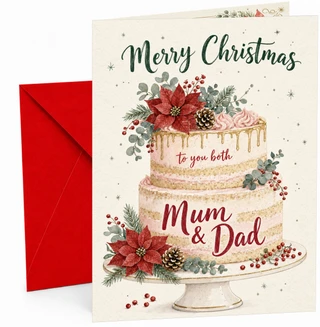 Mum & Dad Christmas Card, Poinsettia Cake Illustration