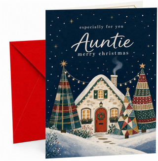 Auntie Christmas Card, Snowy Cottage and Patchwork Trees