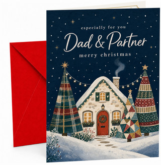 Dad & Partner Christmas Card, Snowy Cottage & Patchwork Trees