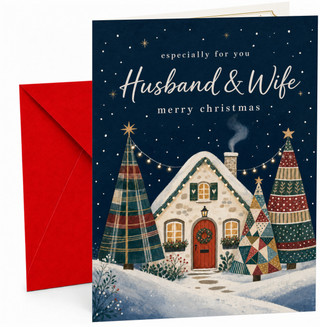 Husband & Wife Christmas Card, Snowy Cottage & Patchwork Trees