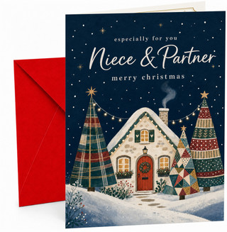 Niece & Partner Christmas Card, Snowy Cottage & Trees