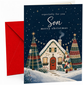 Son Christmas Card, Snowy Cottage and Patterned Trees