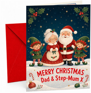 Dad & Step-Mum Christmas Card Santa, Mrs Claus & Elves
