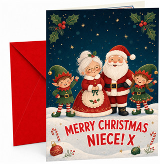 Niece Christmas Card with Santa, Mrs Claus and Elves