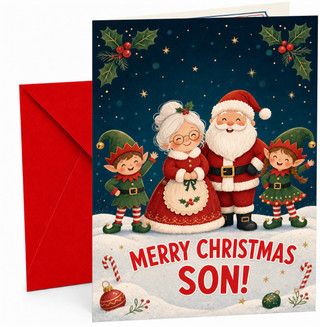 Son Christmas Card with Santa, Mrs Claus and Elves