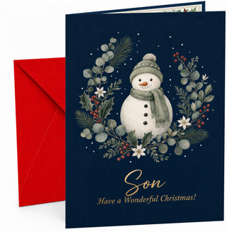 Son Christmas Card, Snowman in Festive Foliage Wreath