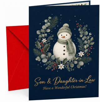 Son & Daughter-in-Law Christmas Card Snowman Wreath Navy