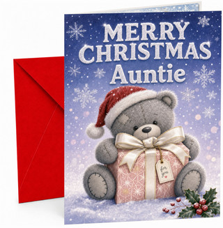 Auntie Christmas Card, Teddy Bear in Santa Hat with Gift