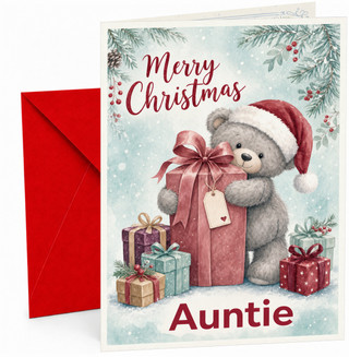 Auntie Christmas Card, Cute Bear in Santa Hat with Presents