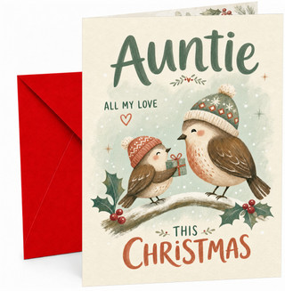 Auntie Christmas Card with Robins in Hats and Gift