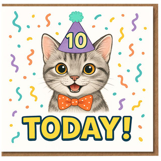 10th Birthday Card for Kids - Cute Cat in Party Hat, 10 Today - Fun Confetti Design for Son, Daughter, Grandson or Granddaughter
