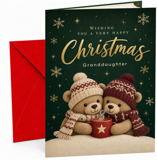 Granddaughter Christmas Card, Knitted Teddy Bears with Mug