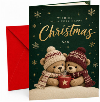 Son Christmas Card, Teddy Bears with Hot Chocolate Mug