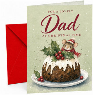 Dad Christmas Card, Cute Mouse on Christmas Pudding