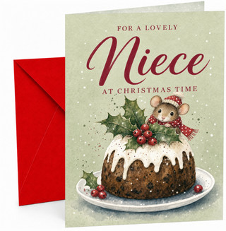 Niece Christmas Card, Mouse in Hat on Christmas Pudding