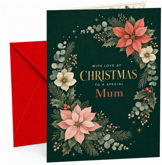 Mum Christmas Card, Poinsettia Holly Floral Wreath