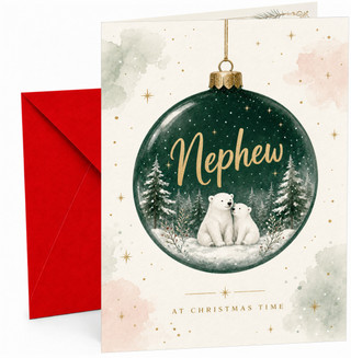 Nephew Christmas Card, Polar Bears in Bauble Snow Globe