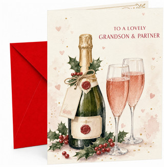 Grandson & Partner Christmas Card Champagne Bottle & Glasses