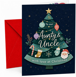 Aunty & Uncle Christmas Card, Tree with Baubles and Santa